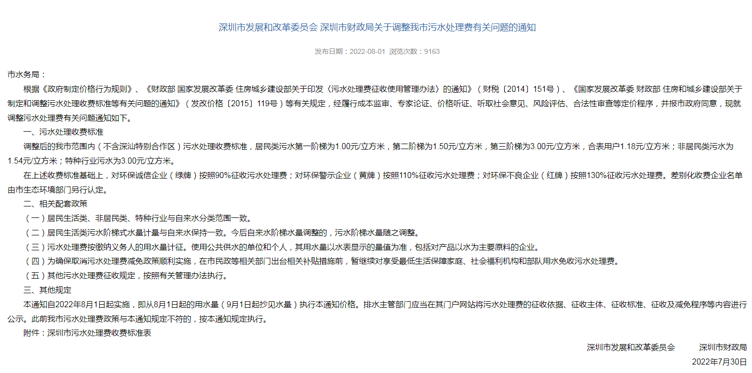 深圳市发展和改革委员会发布了一则关于调整深圳市污水处理费有关问题的通知