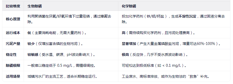 生物除磷与化学除磷的核心区别一览表